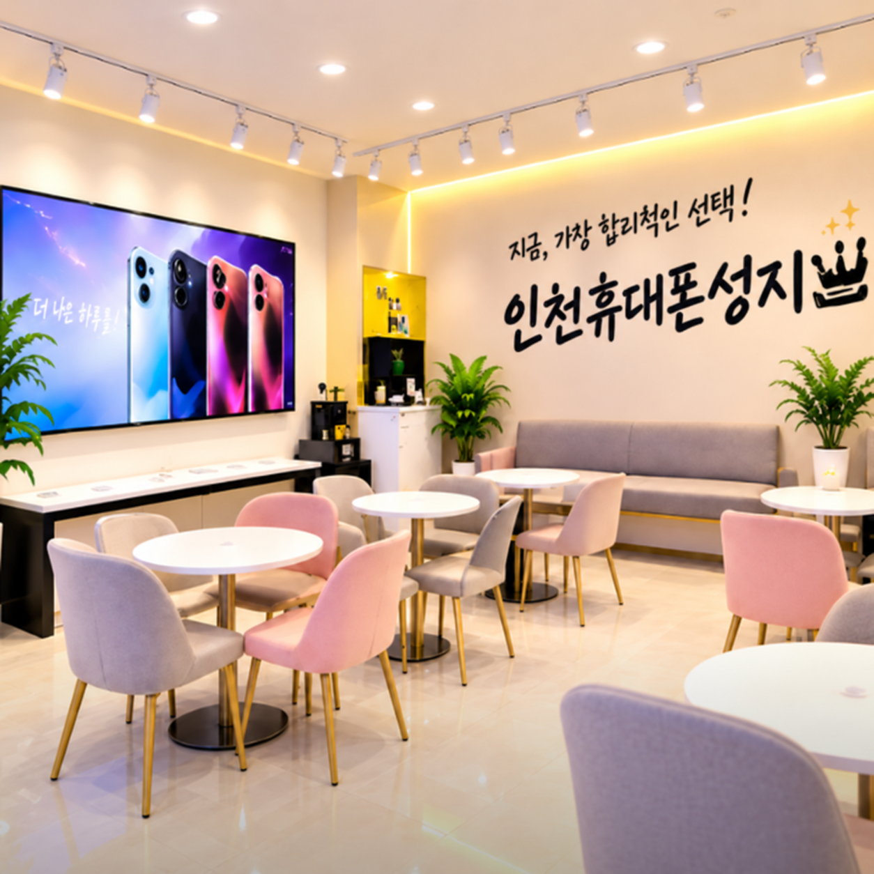 폰슐랭 매장 내부의 상담 라운지와 휴대폰 안내 화면